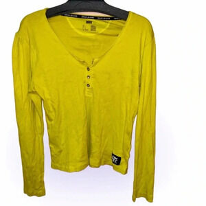 DKNY jeans Neon  Lemon green long sleeve knit V-neck top Sz L